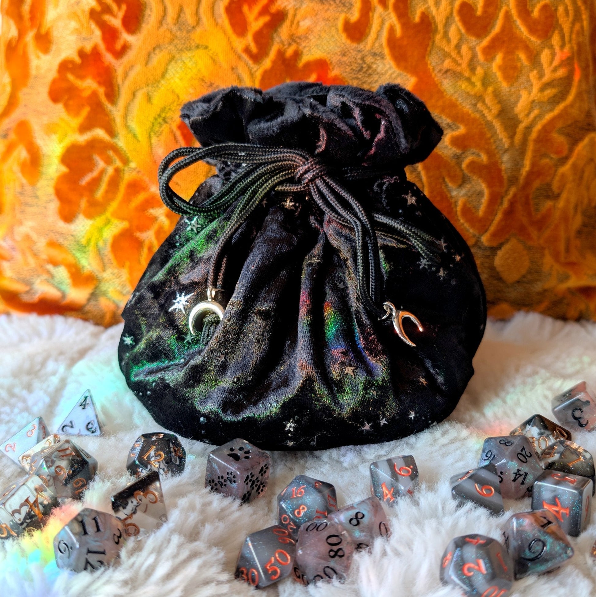 Starry Black Dice Bag – Multi - Pocket Velvet Pouch with Silver Stars and Moon Charms | Fennek & Finch - Fennek and Finch