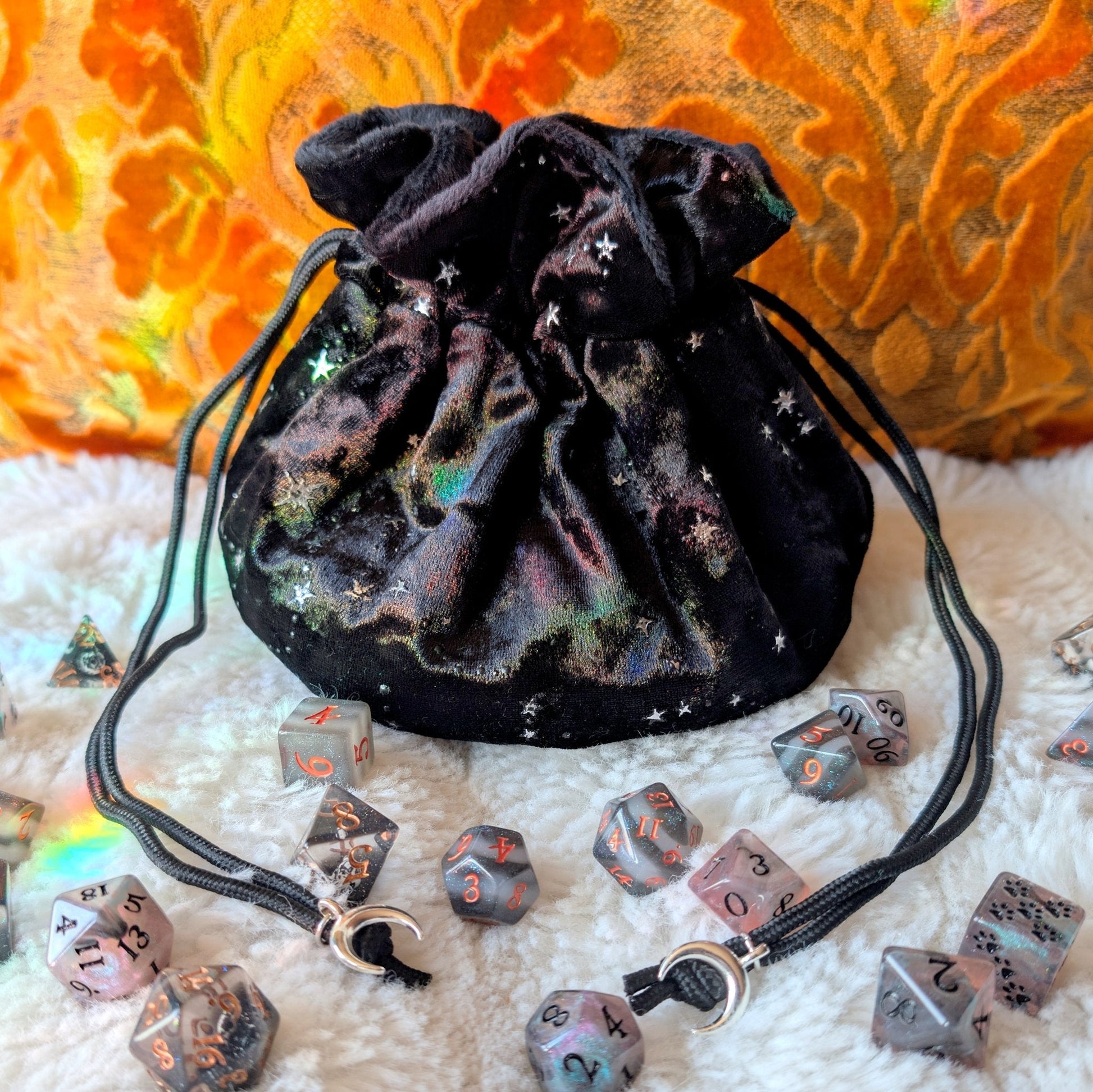 Starry Black Dice Bag – Multi - Pocket Velvet Pouch with Silver Stars and Moon Charms | Fennek & Finch - Fennek and Finch