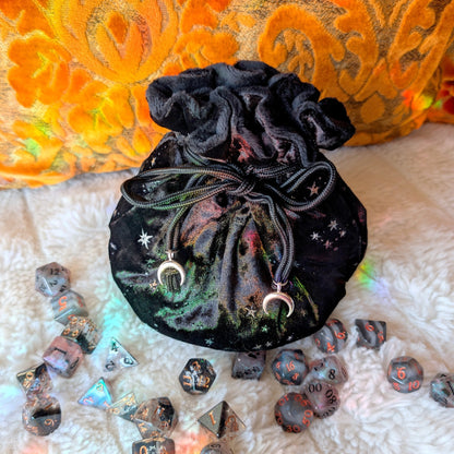 Starry Black Dice Bag – Multi - Pocket Velvet Pouch with Silver Stars and Moon Charms | Fennek & Finch - Fennek and Finch
