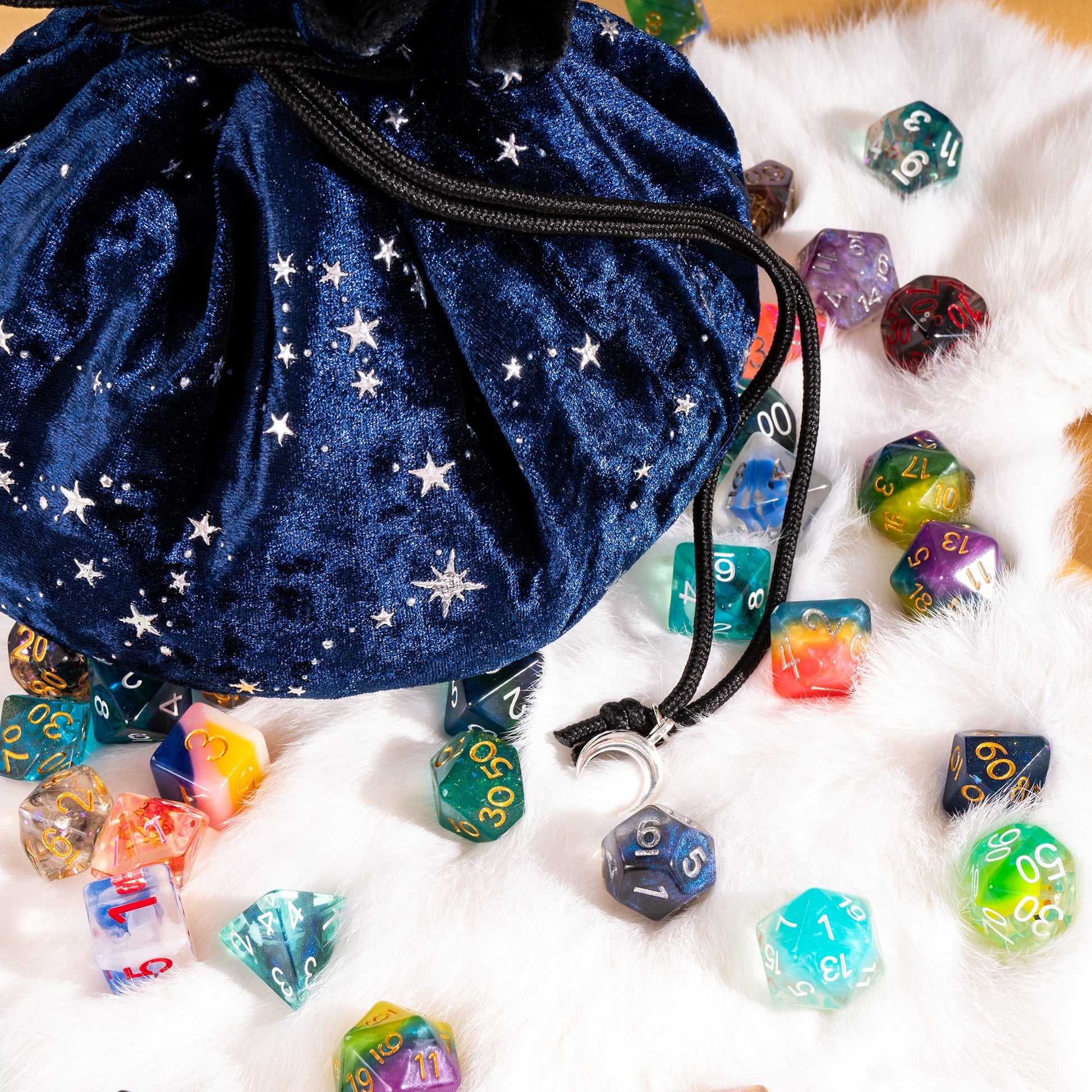 Starry Blue and Black Dice Bag – Multi-Pocket Velvet Pouch with Moon Charms Fennek and Finch