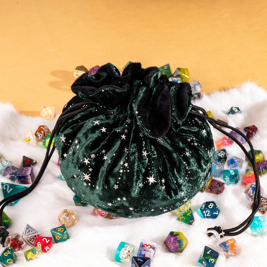 Starry Forest Green Dice Bag – Multi-Pocket Velvet Pouch with Moon Charms - Fennek and Finch