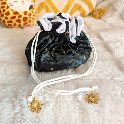 Starry Green Dice Bag – Multi-Pocket Velvet Pouch with Gold Stars | Fennek & Finch Fennek and Finch