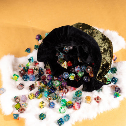 Starry Olive Green and Black Dice Bag – Multi-Pocket Velvet Pouch with Moon Charms Fennek and Finch