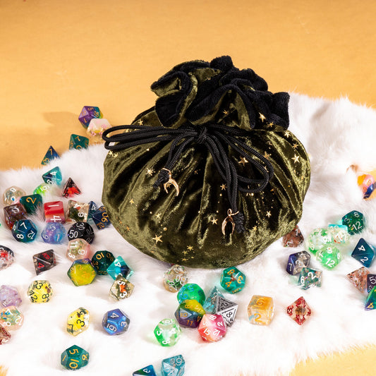 Starry Olive Green and Black Dice Bag – Multi-Pocket Velvet Pouch with Moon Charms - Fennek and Finch
