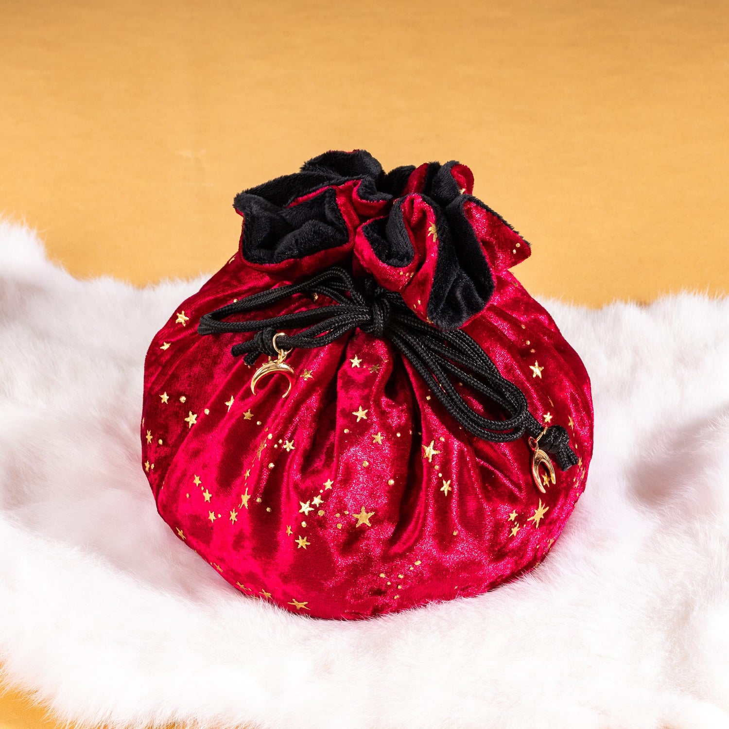 Starry Red and Black Dice Bag – Multi-Pocket Velvet Pouch with Moon Charms - Fennek and Finch