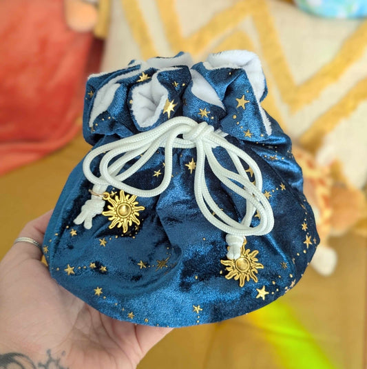 Starry Teal Dice Bag – Multi - Pocket Velvet Pouch with Gold Stars | Fennek & Finch - Fennek and Finch