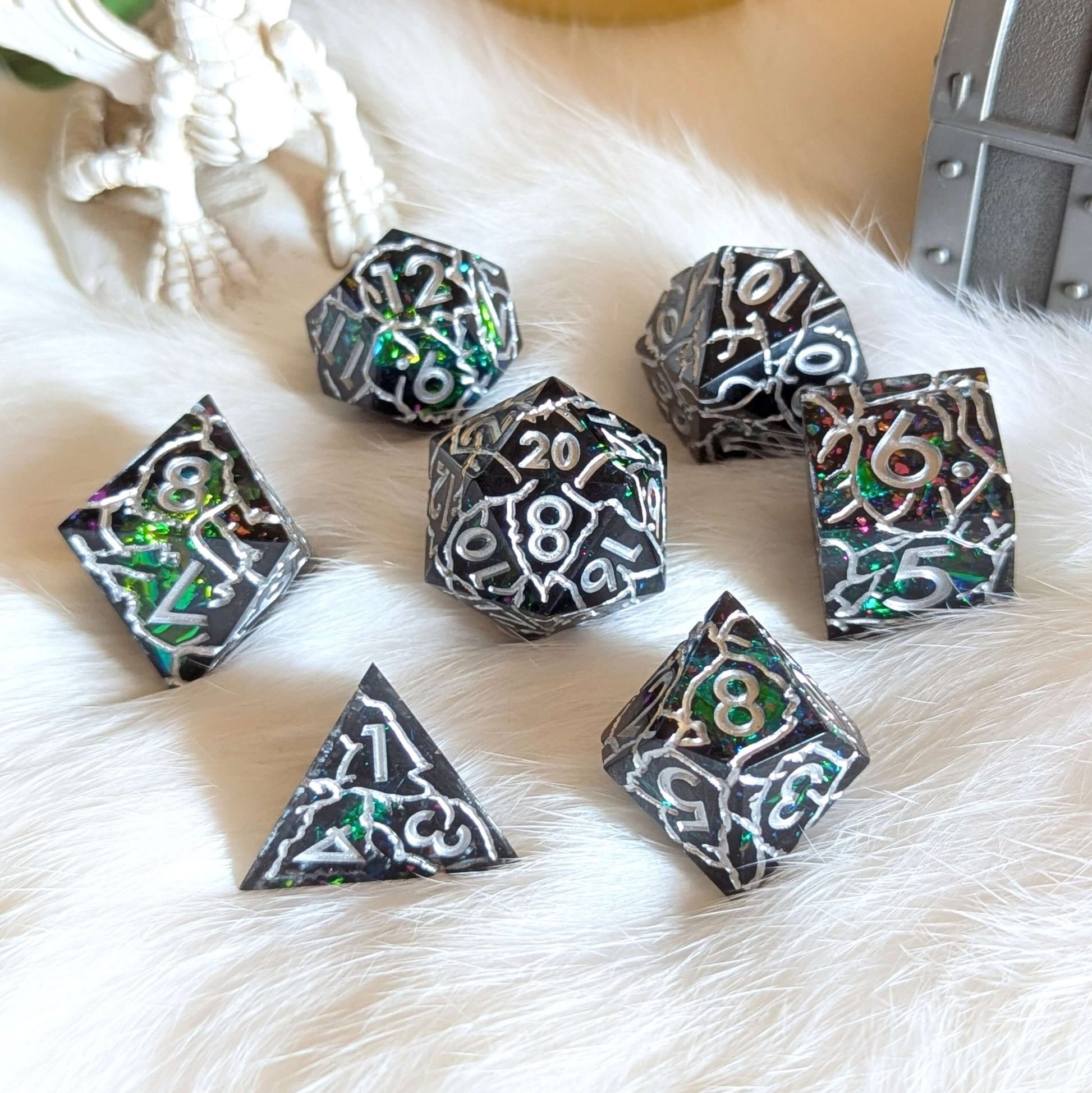 Stormlight Surge Sharp - Edged Dice Set – 7 - Piece Black Rainbow Iridescent Lightning - Fennek and Finch