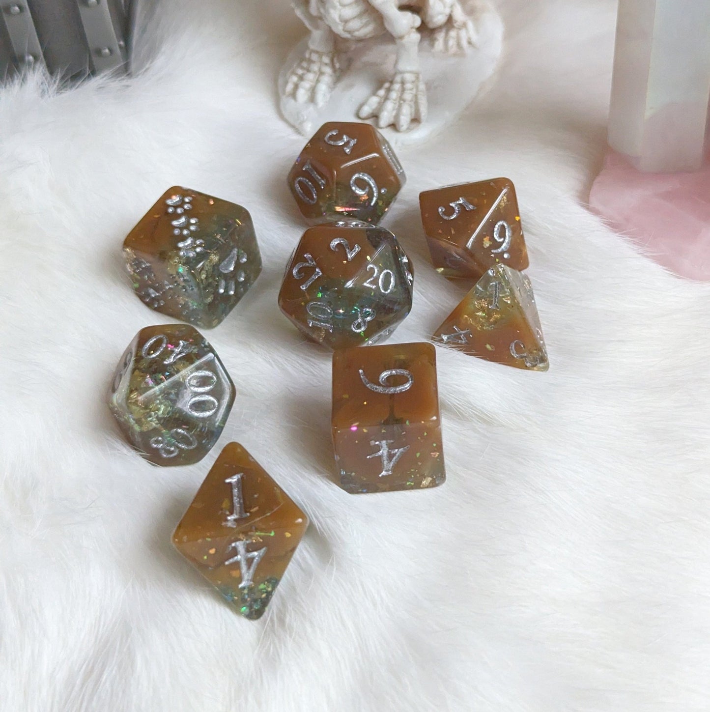 Sulfur Pool Dice Set – 8 - Piece Teal Brown Opal Flakes Gold Foil Paw Print D6 - Fennek and Finch