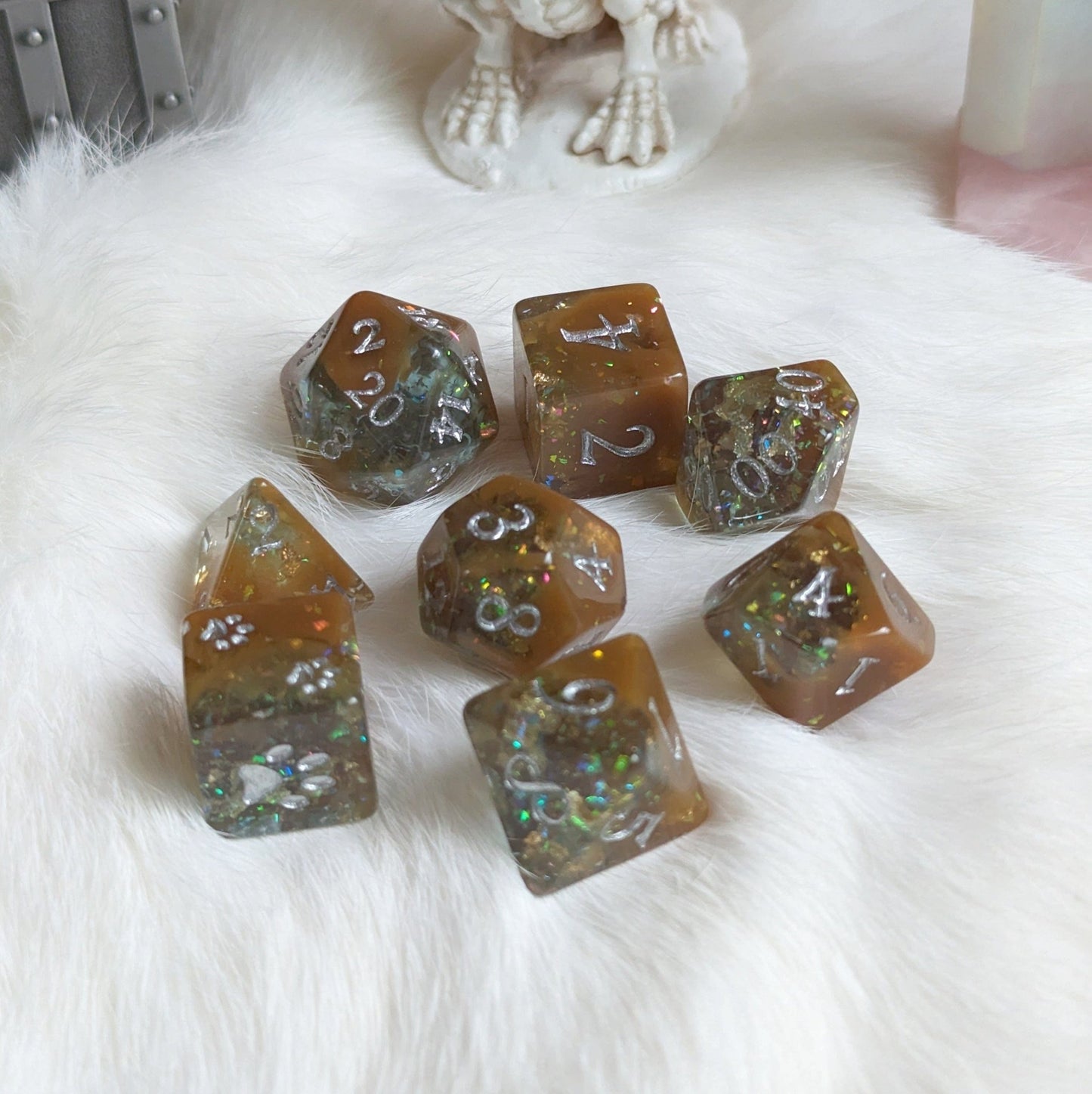 Sulfur Pool Dice Set – 8 - Piece Teal Brown Opal Flakes Gold Foil Paw Print D6 - Fennek and Finch