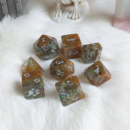 Sulfur Pool Dice Set – 8 - Piece Teal Brown Opal Flakes Gold Foil Paw Print D6 - Fennek and Finch