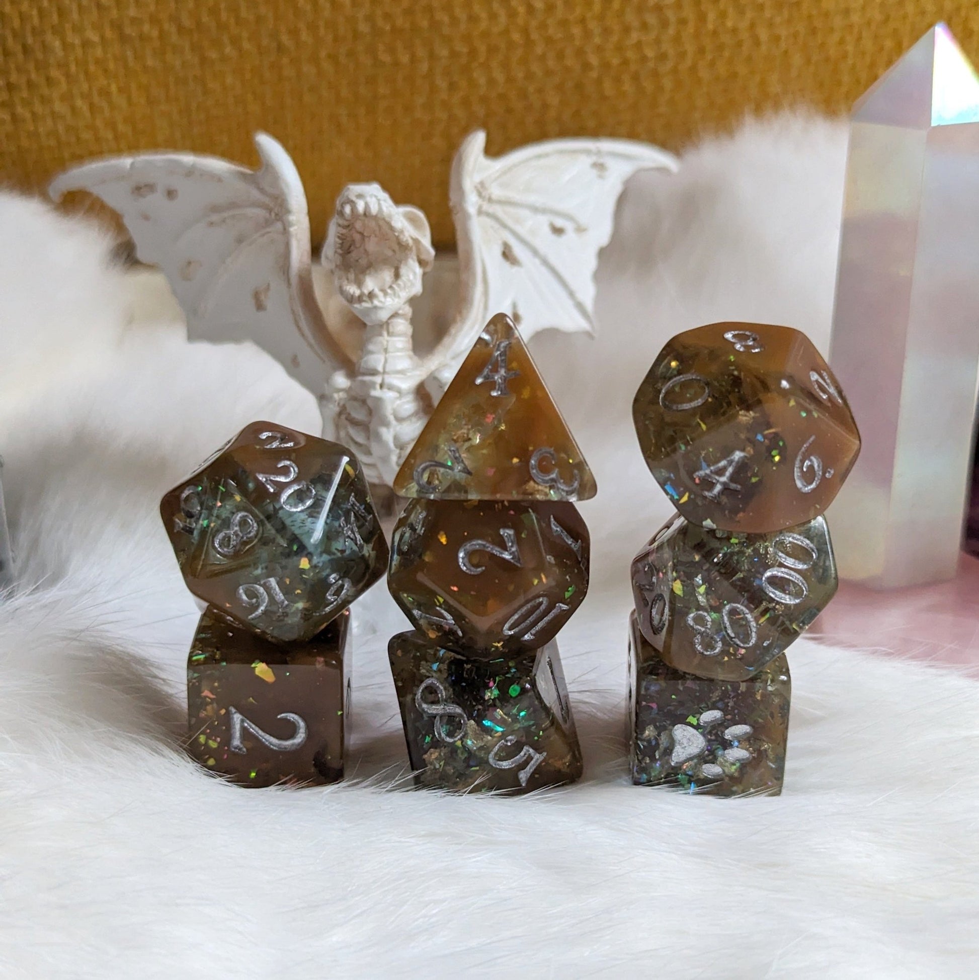 Sulfur Pool Dice Set – 8 - Piece Teal Brown Opal Flakes Gold Foil Paw Print D6 - Fennek and Finch
