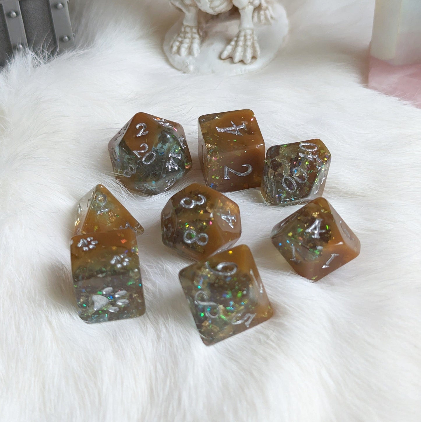 Sulfur Pool Dice Set. Blue and Brown with Opal Flakes and Gold Foil