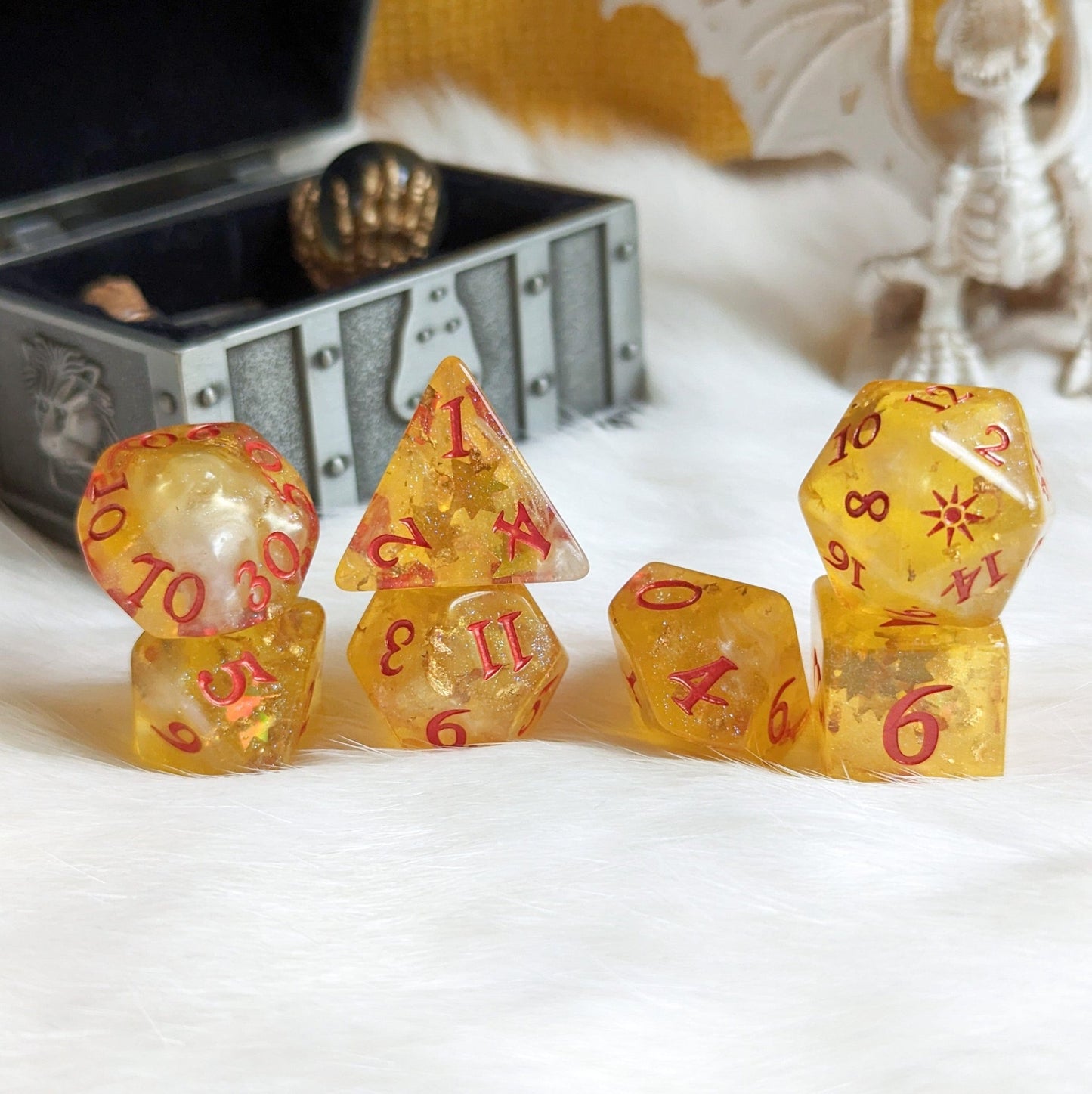 Sunbeam Dice Set – 8 and 12 - Piece Gold Celestial DnD Dice with Sun Design | Fennek & Finch - Fennek and Finch