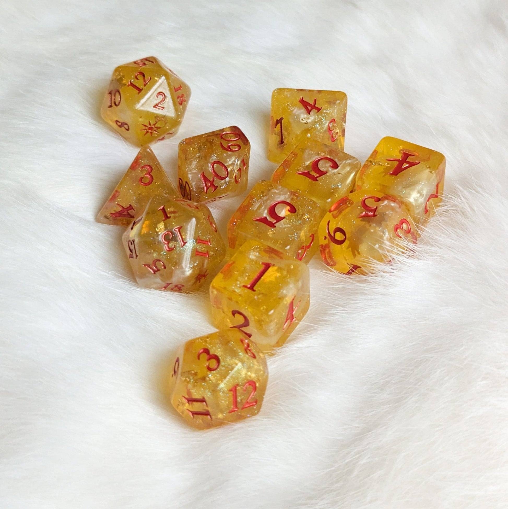 Sunbeam Dice Set – 8 and 12 - Piece Gold Celestial DnD Dice with Sun Design | Fennek & Finch - Fennek and Finch