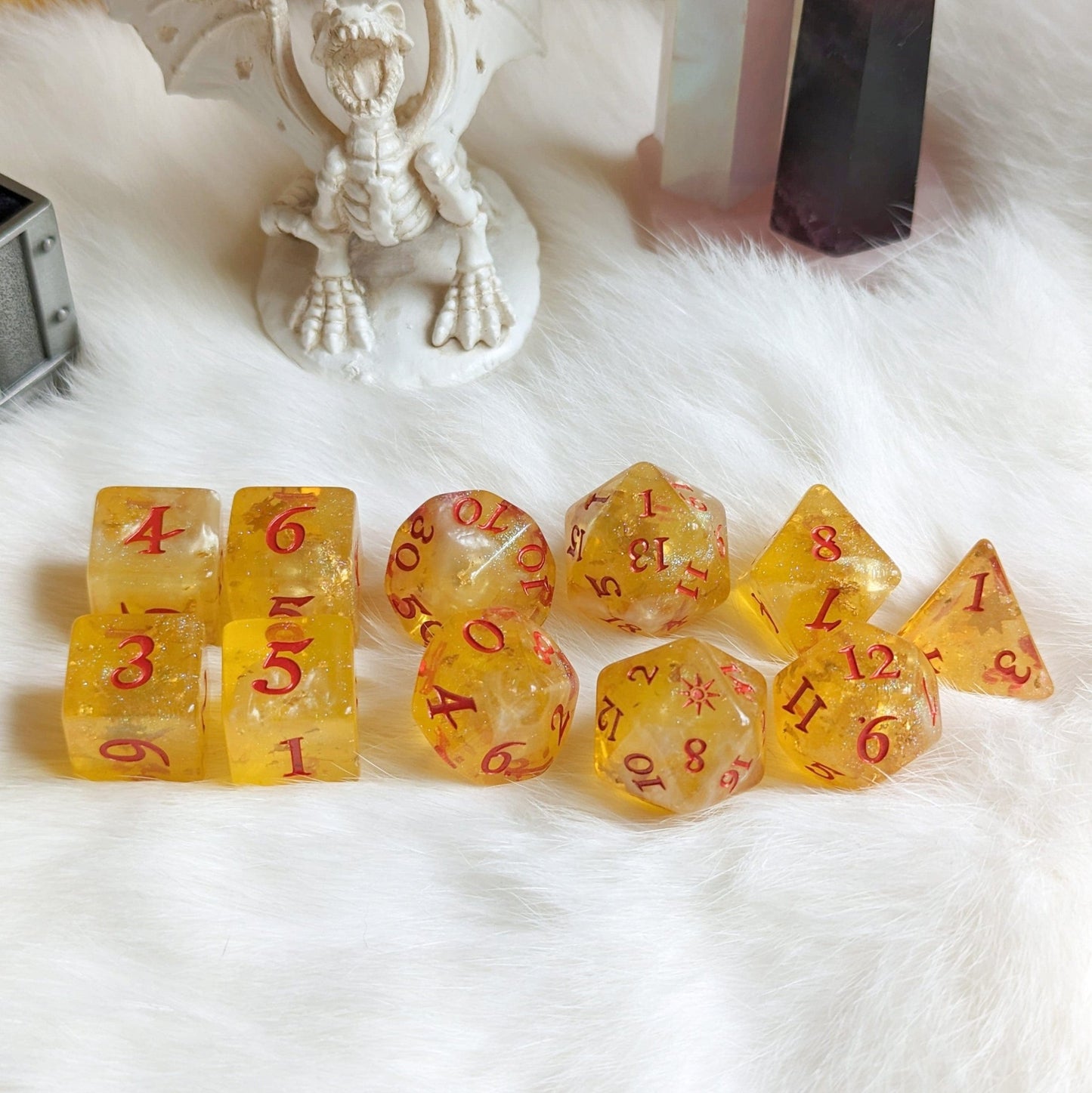 Sunbeam Dice Set – 8 and 12 - Piece Gold Celestial DnD Dice with Sun Design | Fennek & Finch - Fennek and Finch