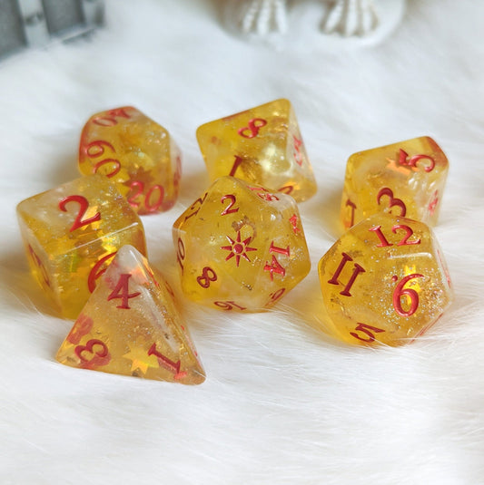 Sunbeam Dice Set – 8 and 12 - Piece Gold Celestial DnD Dice with Sun Design | Fennek & Finch - Fennek and Finch