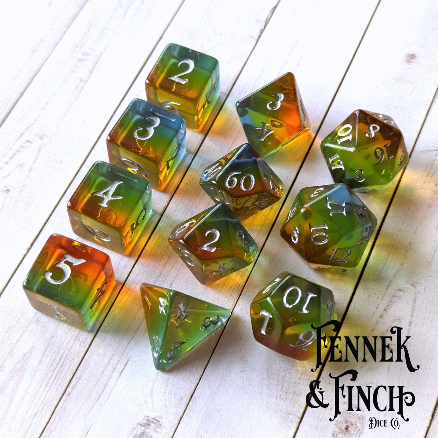 Sunrise Dice Set – 11 - Piece Orange Yellow Gradient DnD Dice | Fennek & Finch - Fennek and Finch