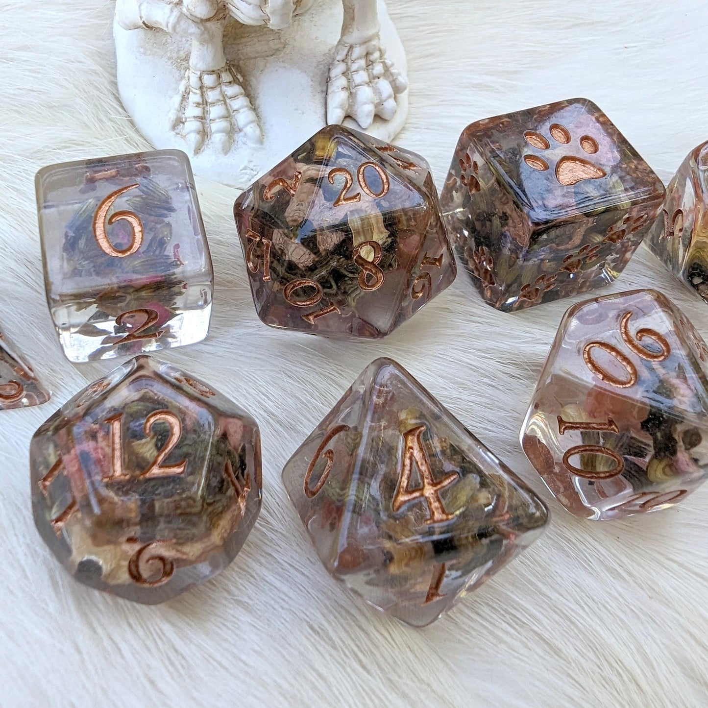 Tea, Rose Petals, and Lavender Dice Set. 8 Piece real dried flowers DND dice set