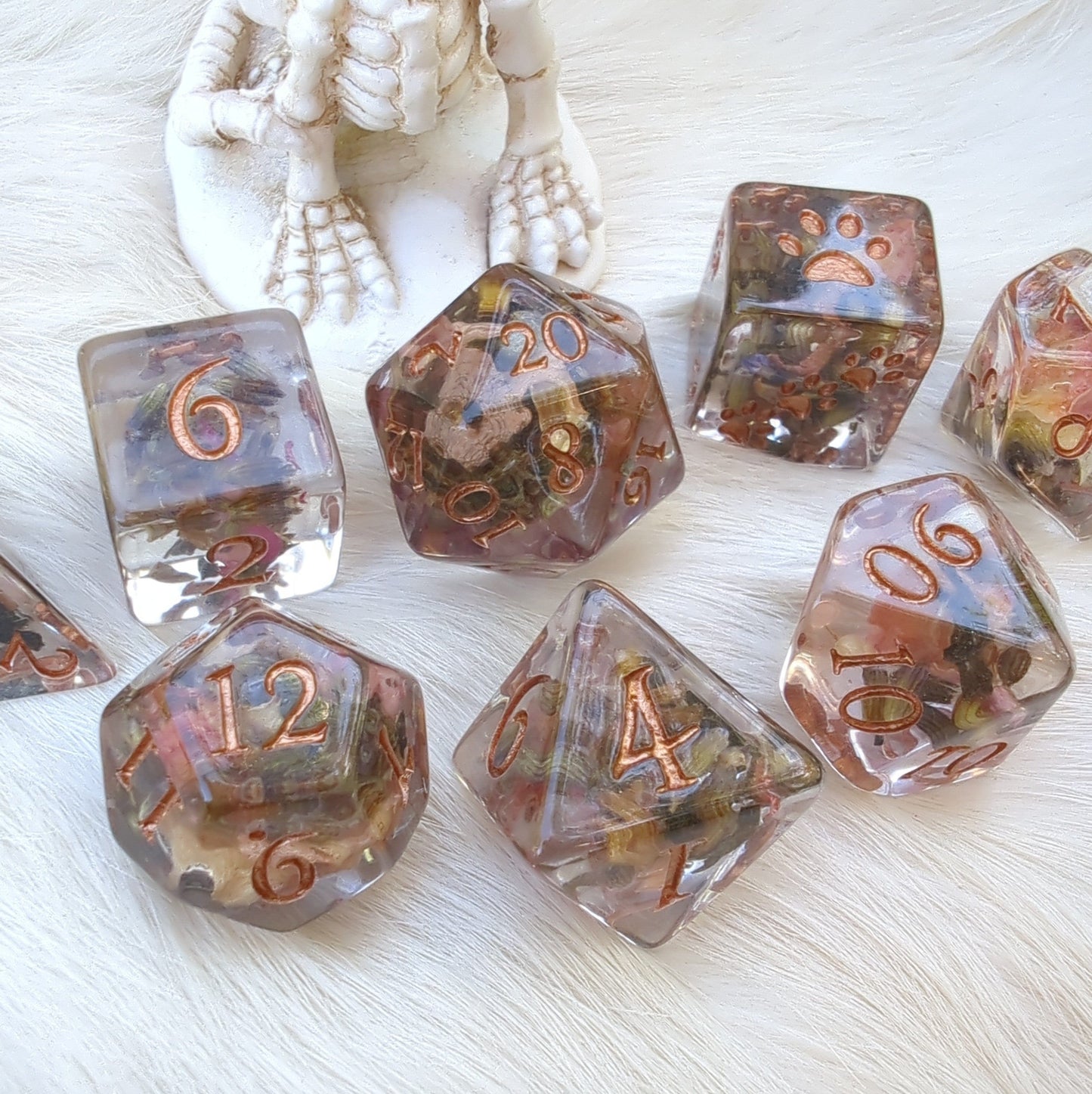 Tea, Rose Petals, and Lavender Dice Set. 8 Piece real dried flowers DND dice set