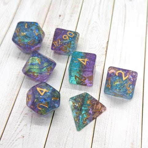 Teal and Purple Sparkles DnD Dice Set, Translucent Glitter layered Dice