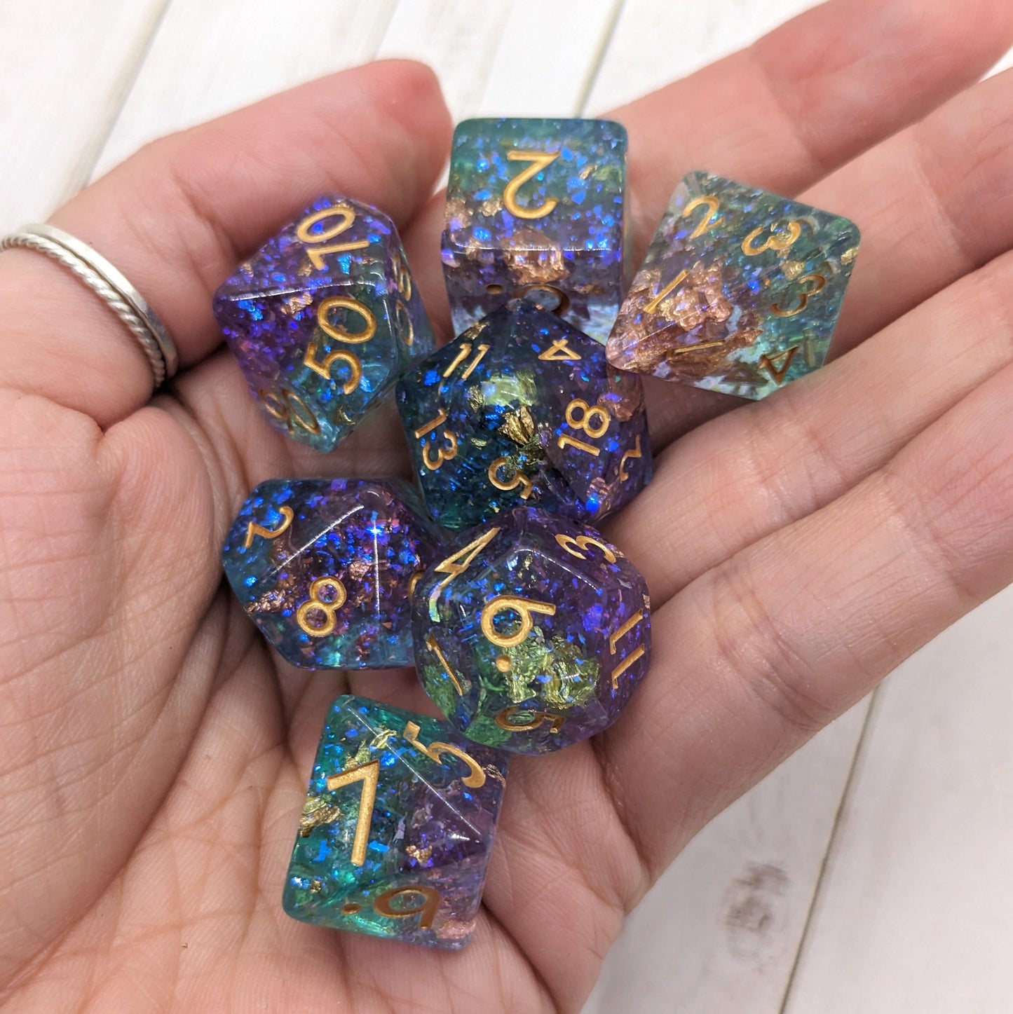 Teal and Purple Sparkles DnD Dice Set, Translucent Glitter layered Dice