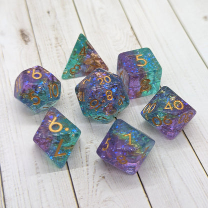 Teal and Purple Sparkles DnD Dice Set, Translucent Glitter layered Dice