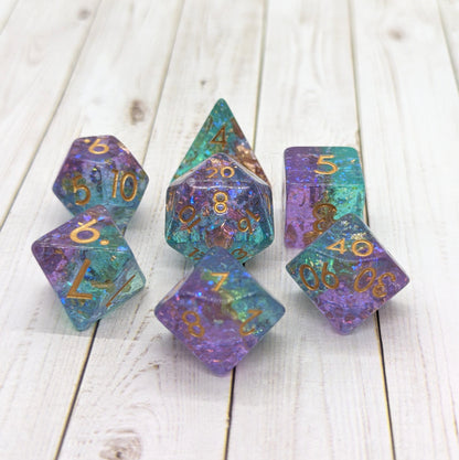 Teal and Purple Sparkles DnD Dice Set, Translucent Glitter layered Dice
