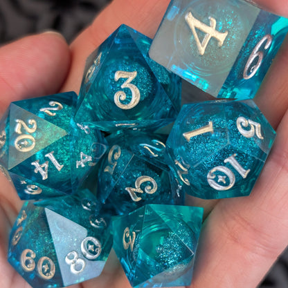 Teal Layered Liquid Core Dice Set – 7pc Sharp Edge with Crystal D4 - Fennek and Finch