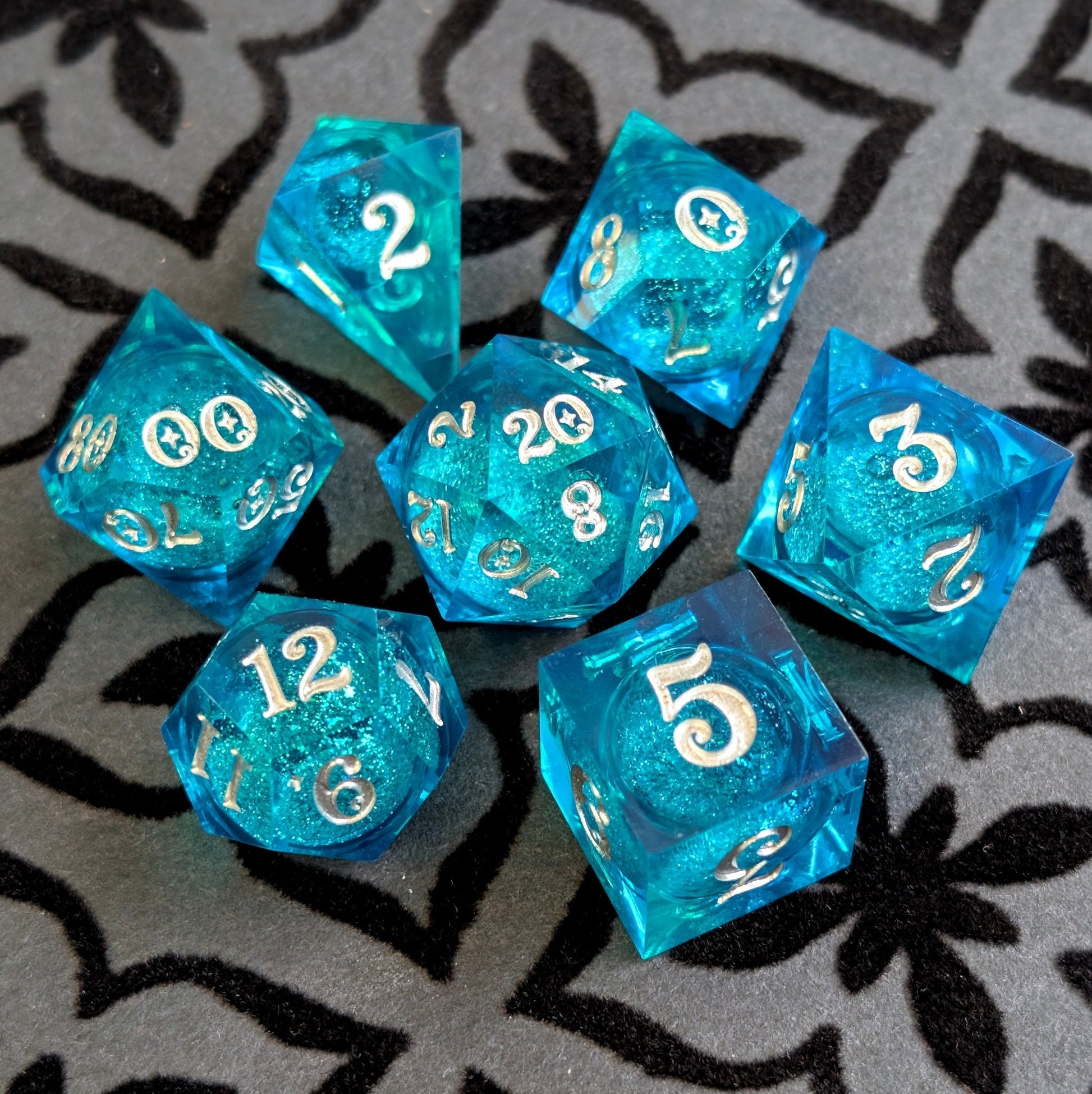 Teal Layered Liquid Core Dice Set – 7pc Sharp Edge with Crystal D4 - Fennek and Finch