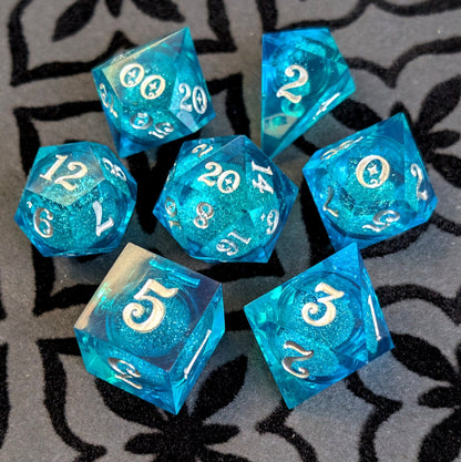 Teal Layered Liquid Core Dice Set – 7pc Sharp Edge with Crystal D4 - Fennek and Finch