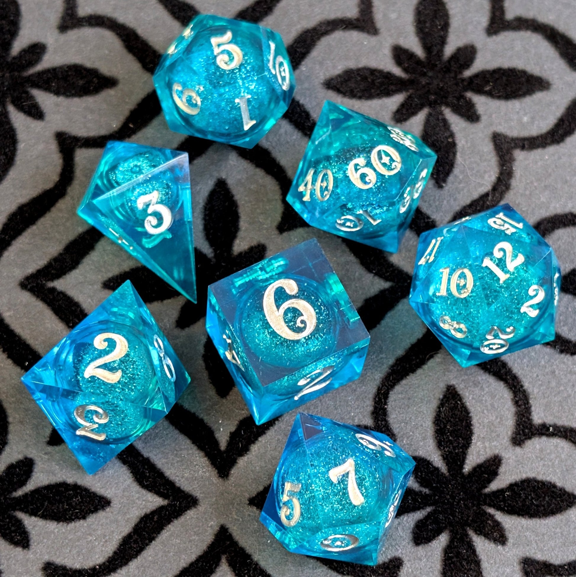 Teal Layered Liquid Core Dice Set – 7pc Sharp Edge with Crystal D4 - Fennek and Finch