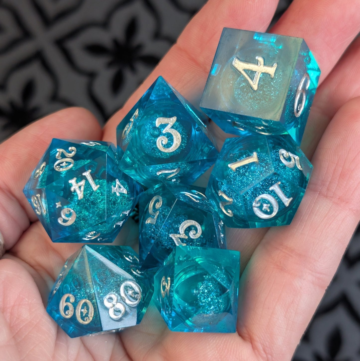 Teal Layered Liquid Core Dice Set – 7pc Sharp Edge with Crystal D4 - Fennek and Finch