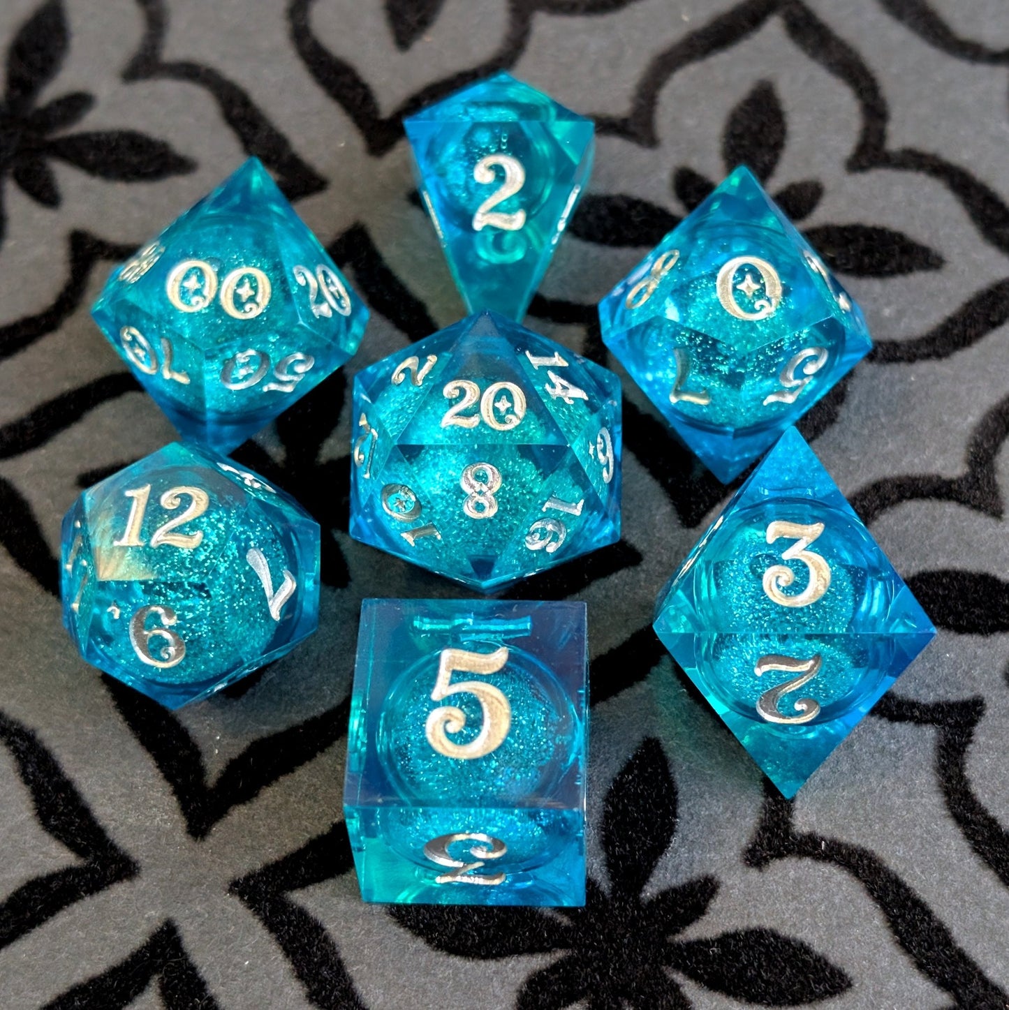 Teal Layered Liquid Core Dice Set – 7pc Sharp Edge with Crystal D4 - Fennek and Finch