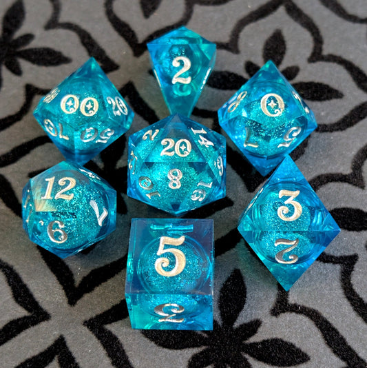 Teal Layered Liquid Core Dice Set – 7pc Sharp Edge with Crystal D4 - Fennek and Finch