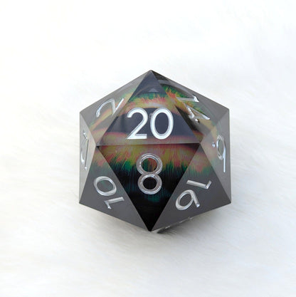 Giant D20 dice with eye design, black-tinted resin with green, red, yellow eye, 2" diameter, Infernal Watcher, dark magic theme.