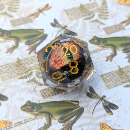 Giant D20 dice with red and yellow serpent eye core on nature-themed background with frogs and dragonflies.