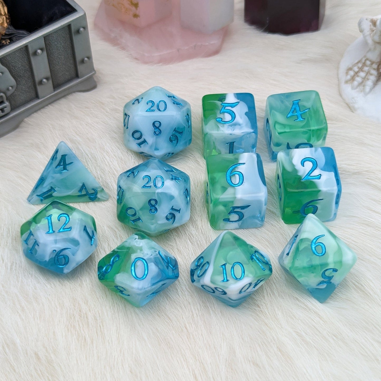 Tidecaller Dice Set – 7 and 11 - Piece Ocean Blue Green DnD Dice | Fennek & Finch - Fennek and Finch