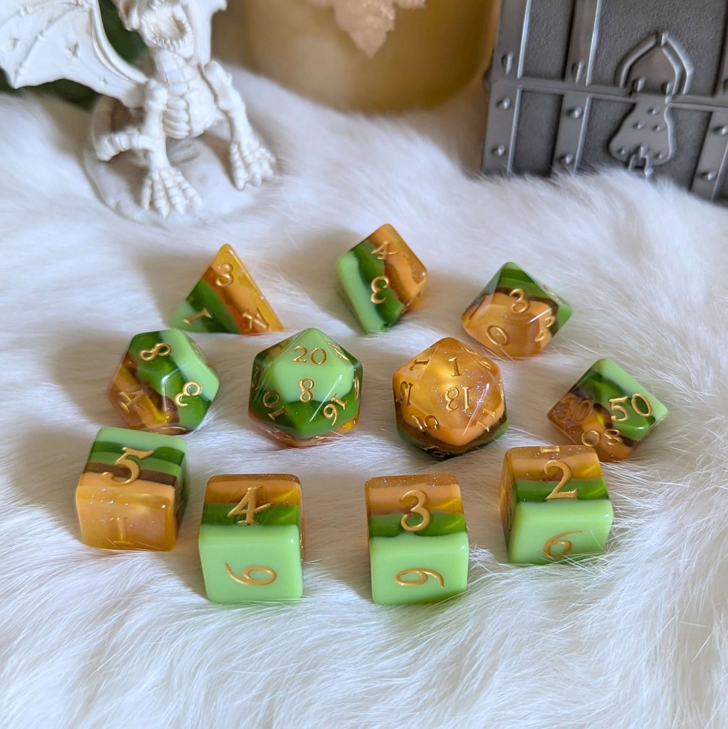 Timberlight Dice Set – 11-Piece Matte Forest Ombre DnD Dice with Gold Font | Fennek & Finch Dice Sets & Games Fennek and Finch 11 Piece set