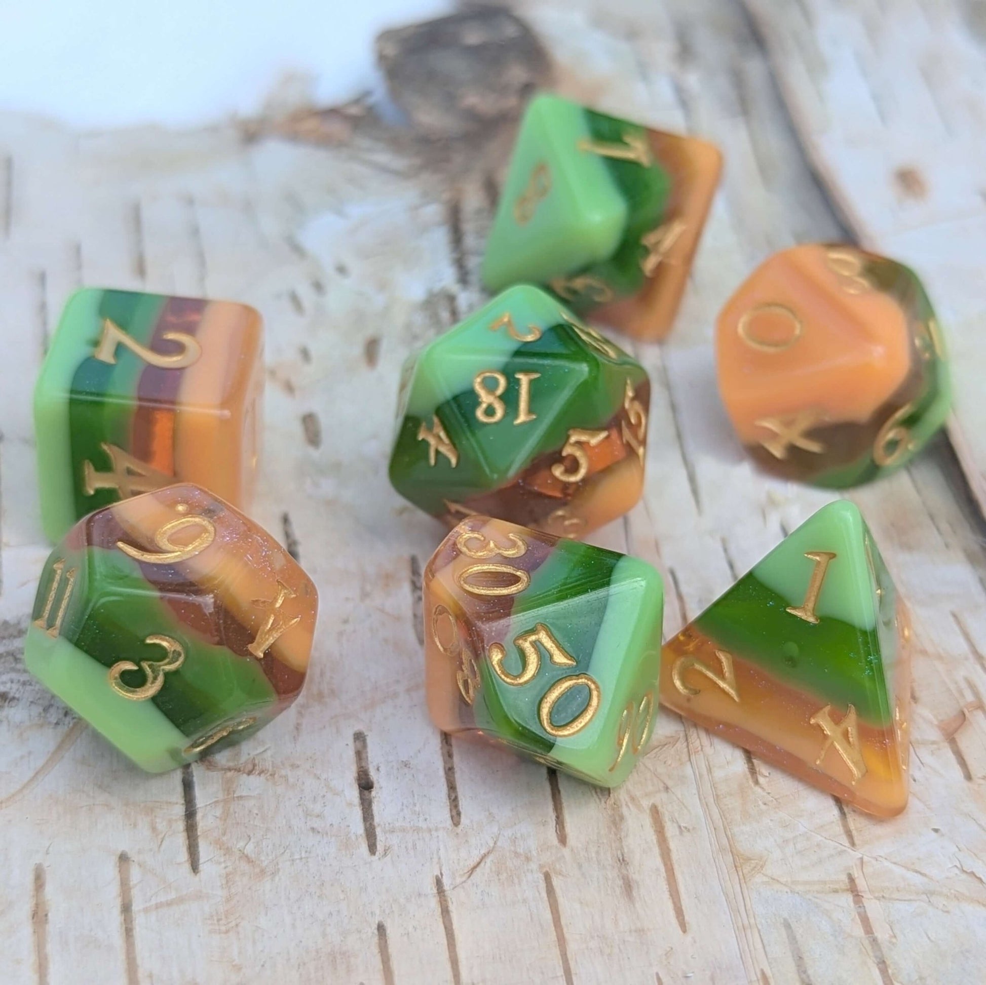 Timberlight Dice Set – 11-Piece Matte Forest Ombre DnD Dice with Gold Font | Fennek & Finch Dice Sets & Games Fennek and Finch
