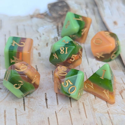 Timberlight Dice Set – 11-Piece Matte Forest Ombre DnD Dice with Gold Font | Fennek & Finch Dice Sets & Games Fennek and Finch