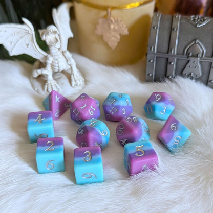 Twilight Serenity Dice Set – 11 - Piece Matte Ombre Teal Purple Pink DnD Dice | Fennek & Finch - Fennek and Finch