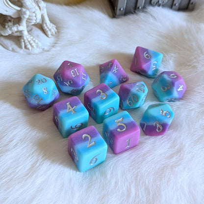 Twilight Serenity Dice Set – 11 - Piece Matte Ombre Teal Purple Pink DnD Dice | Fennek & Finch - Fennek and Finch