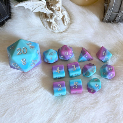 Twilight Serenity Dice Set – 11 - Piece Matte Ombre Teal Purple Pink DnD Dice | Fennek & Finch - Fennek and Finch
