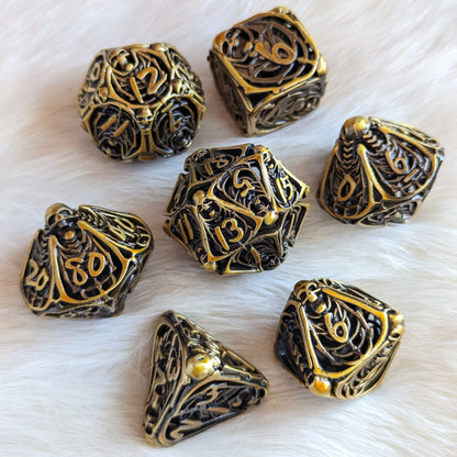 Vampire Skeleton Hollow Metal Dice Set for TTRPGs with intricate gothic design, ideal for Dungeons & Dragons and role-playing games.