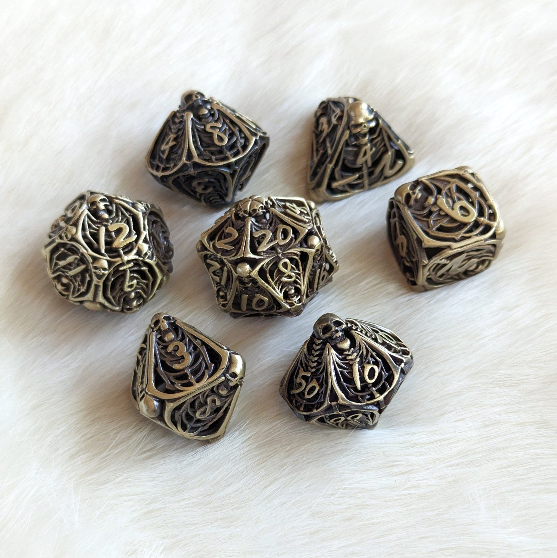 Vampire Skeleton Hollow Metal Dice Set – 7 - Piece Gothic Horror DnD Dice - Fennek and Finch
