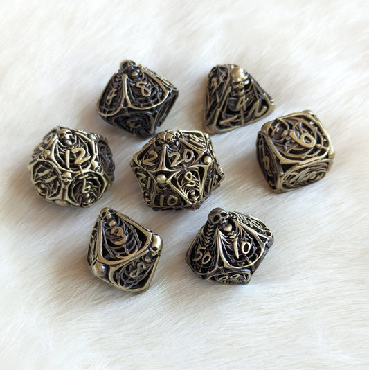 Vampire Skeleton Hollow Metal Dice Set – 7 - Piece Gothic Horror DnD Dice - Fennek and Finch