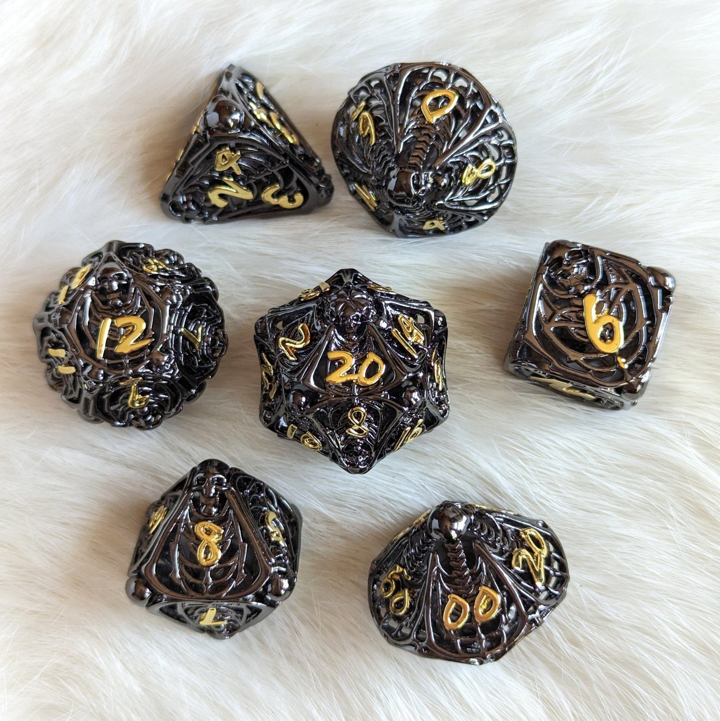 Vampire Skeleton Hollow Metal Dice Set – 7 - Piece Gothic Horror DnD Dice - Fennek and Finch