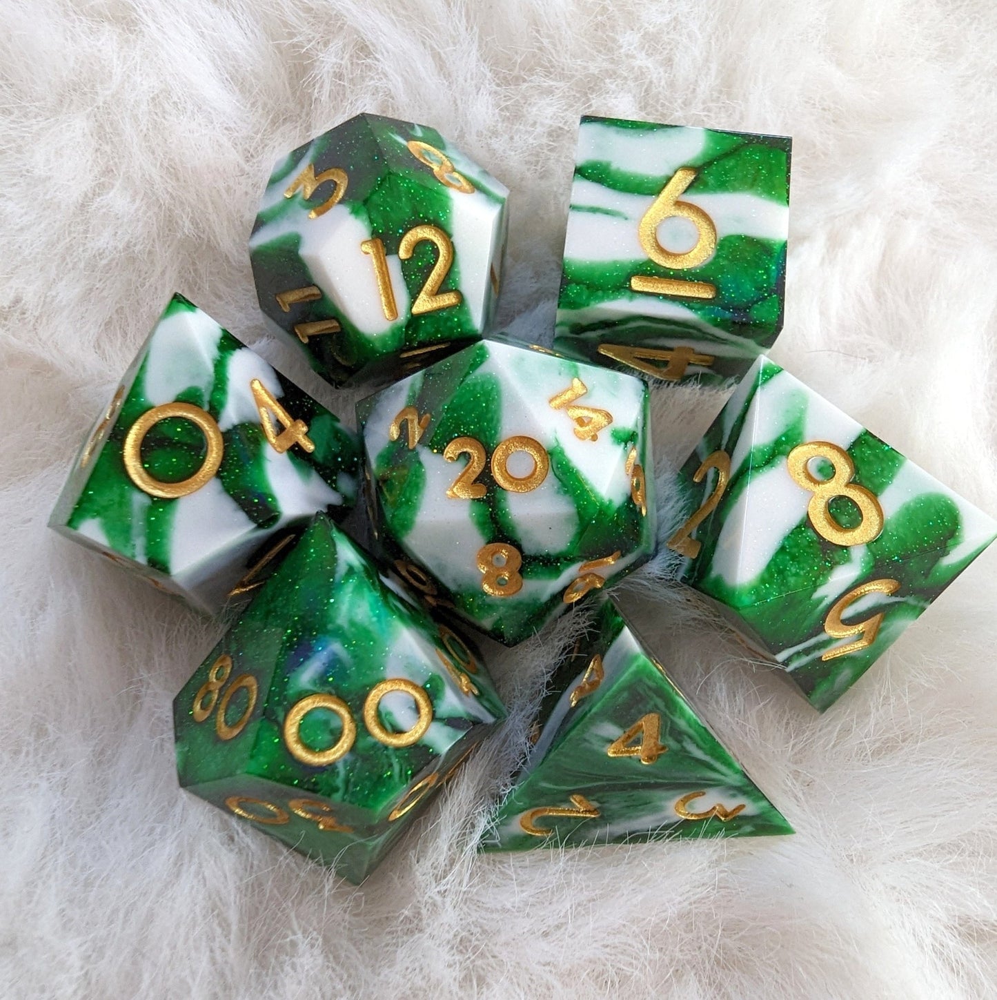 Volley Sharp Edge Dice Set – 7 - Piece Clear Green White Marbled Shimmer DnD - Fennek and Finch