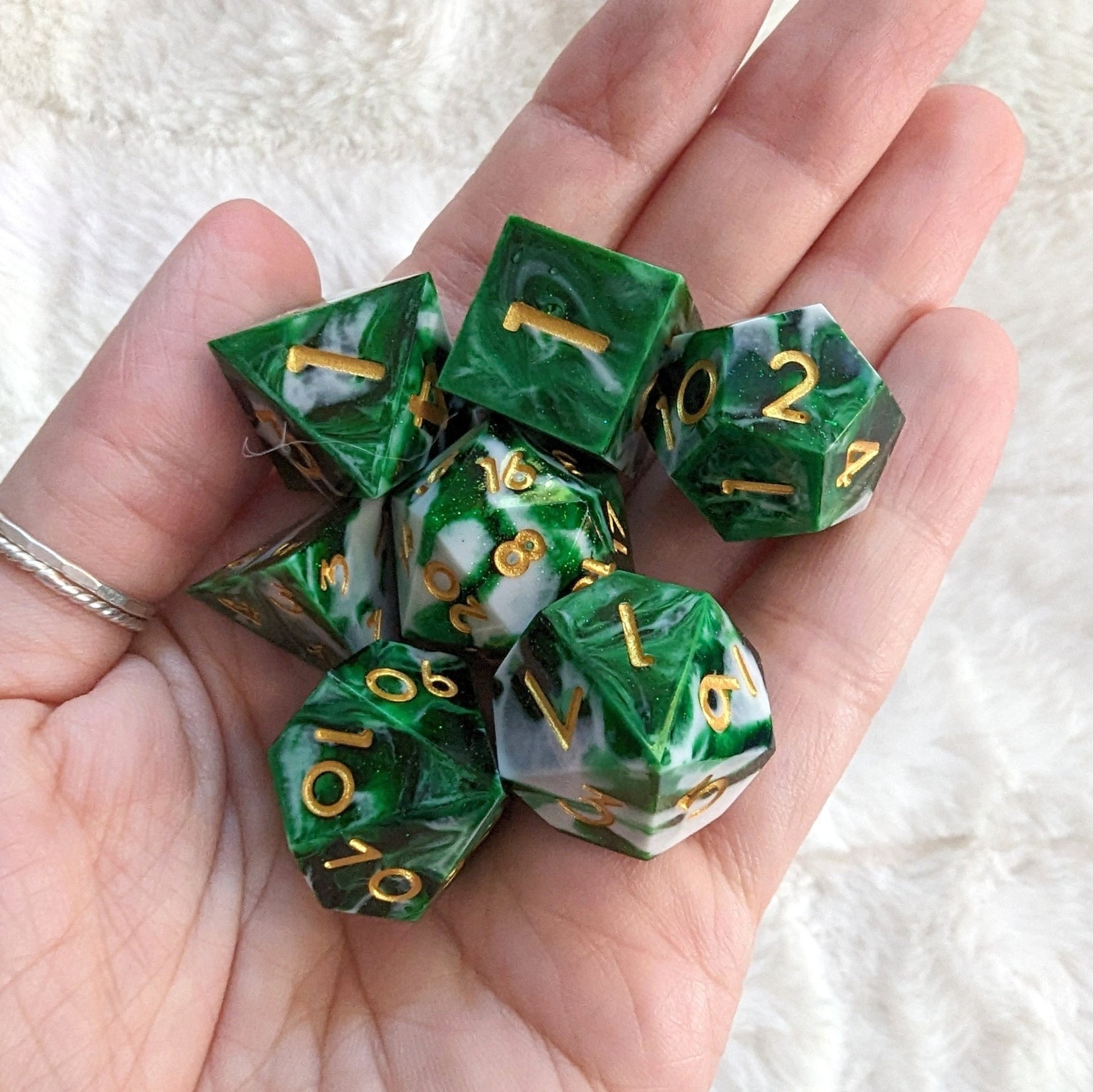 Volley Sharp Edge Dice Set – 7 - Piece Clear Green White Marbled Shimmer DnD - Fennek and Finch