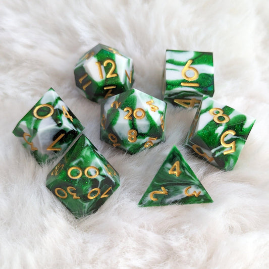 Volley Sharp Edge Dice Set – 7 - Piece Clear Green White Marbled Shimmer DnD - Fennek and Finch
